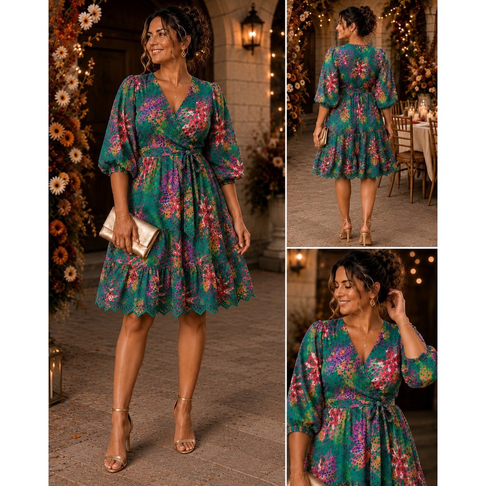 Gibson Latimer Green Tropical Floral Eyelet Wrap Dress XL Cotton Puff Sleeve